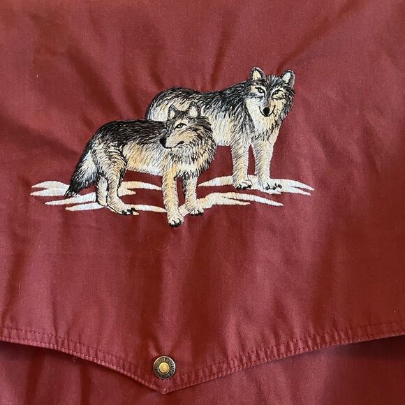 Vintage burgundy utility coat anorak embroidered wolves - Picture 8 of 14